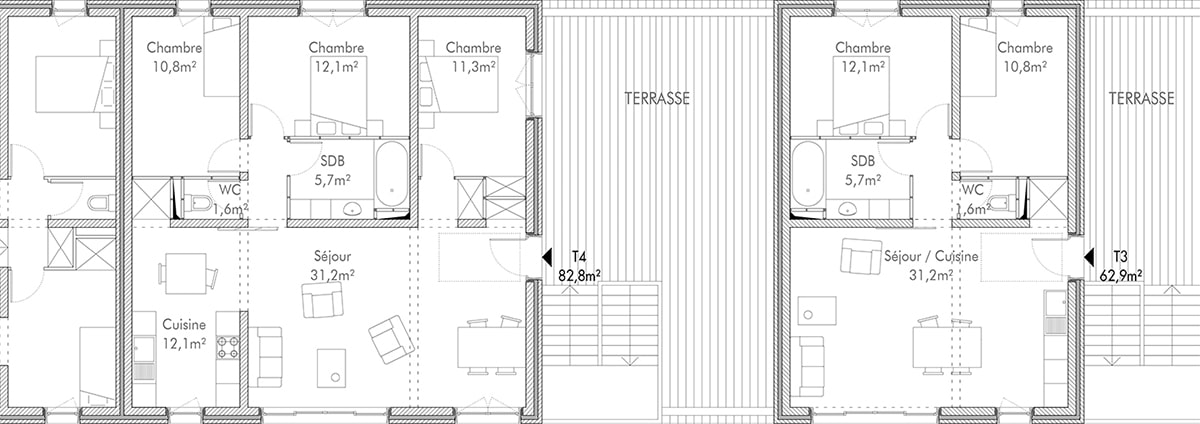 Extrait plan R+1 : superposition T4 et T3 sur T3 et T4 accessible